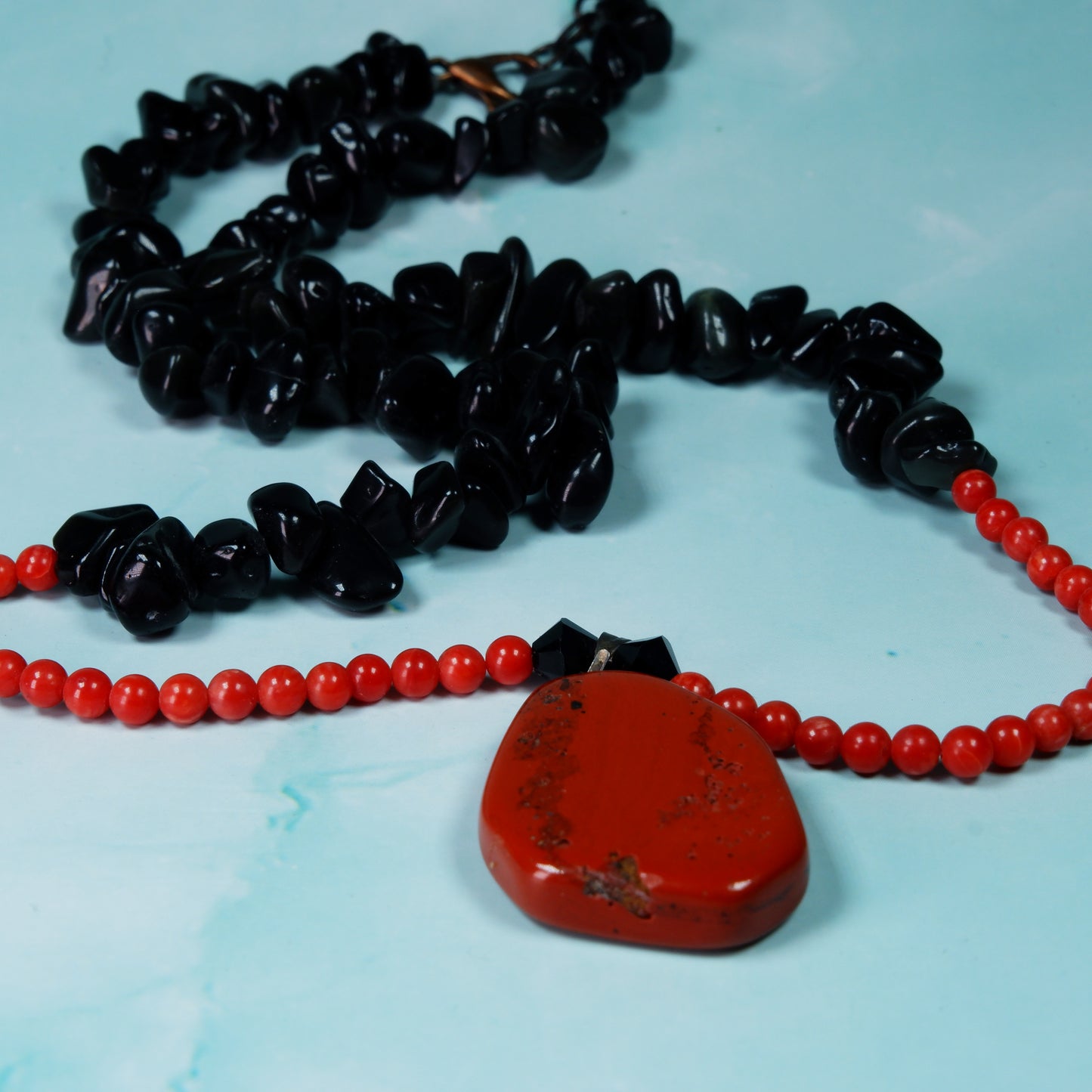 Red Jasper, Coral, and Rainbow Obsidian Necklace
