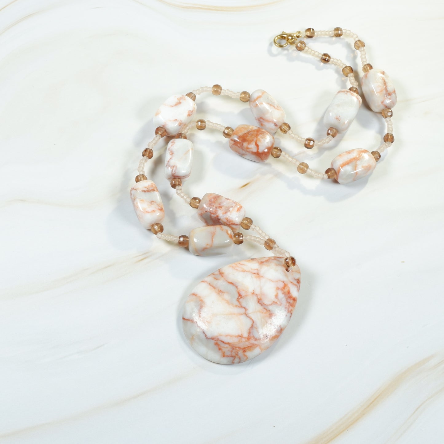 Redline Marble and Glass Bead Necklace