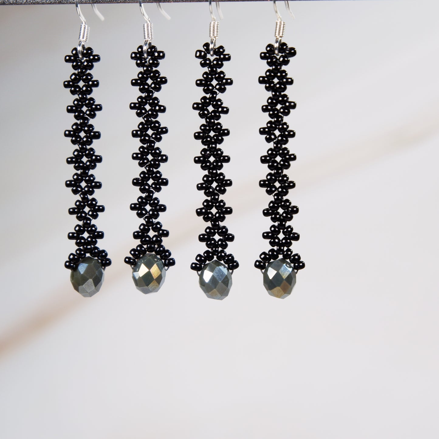 Long Black Earrings with Faceted Glass