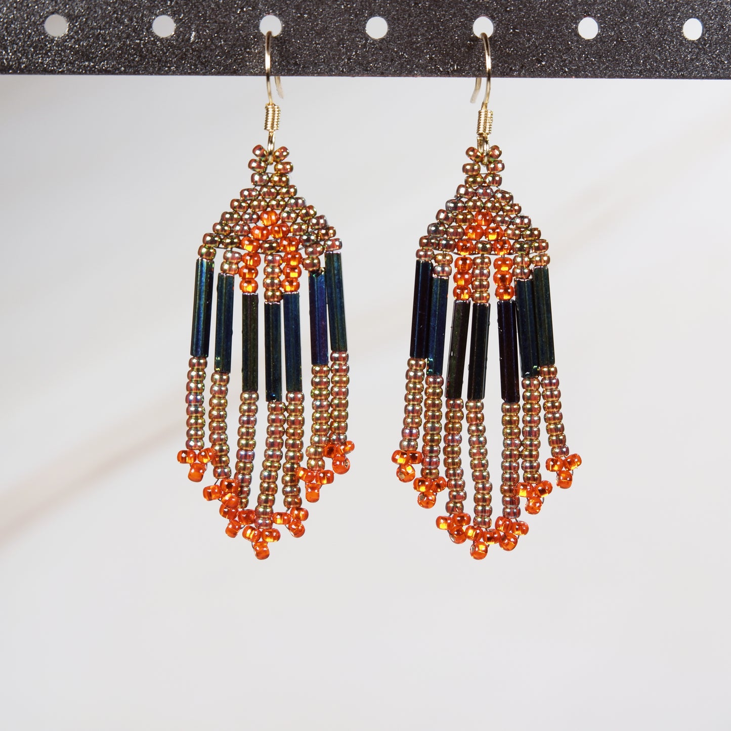 Mini Iridescent Green and Orange Fringe Earrings
