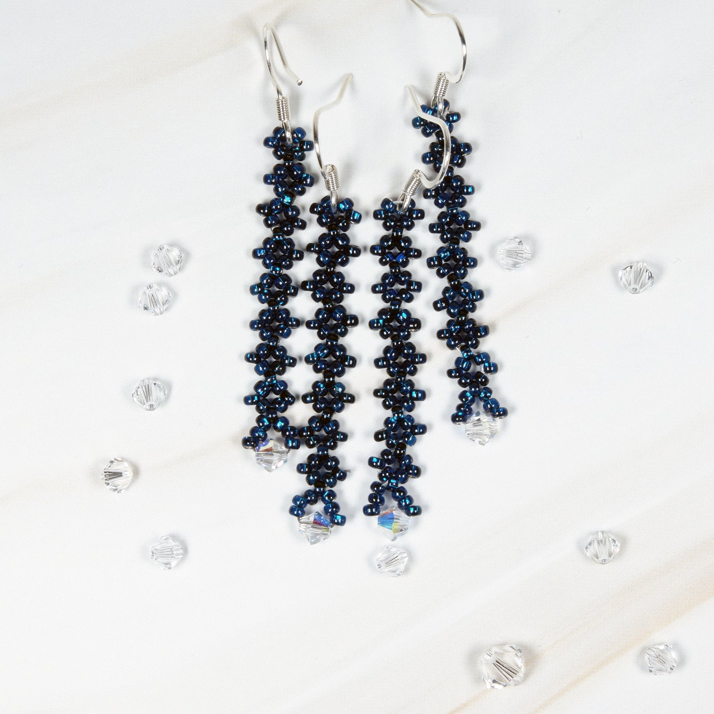 Long Blue Earrings with Crystals