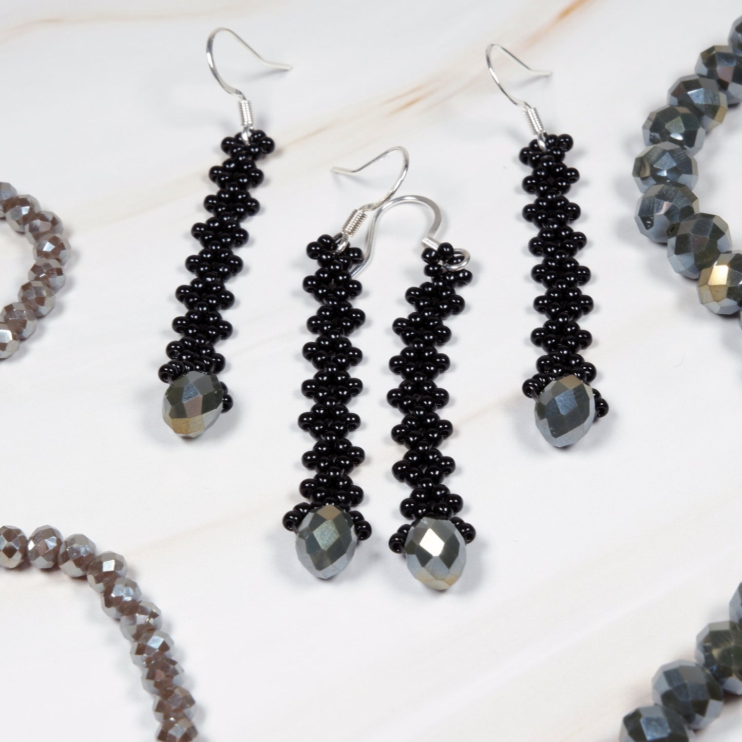 Long Black Earrings with Faceted Glass