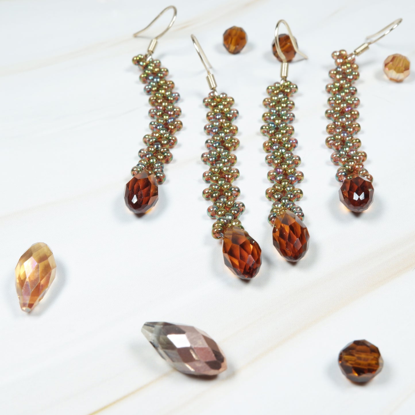 Long Iridescent Green Earrings with Celestial Crystal