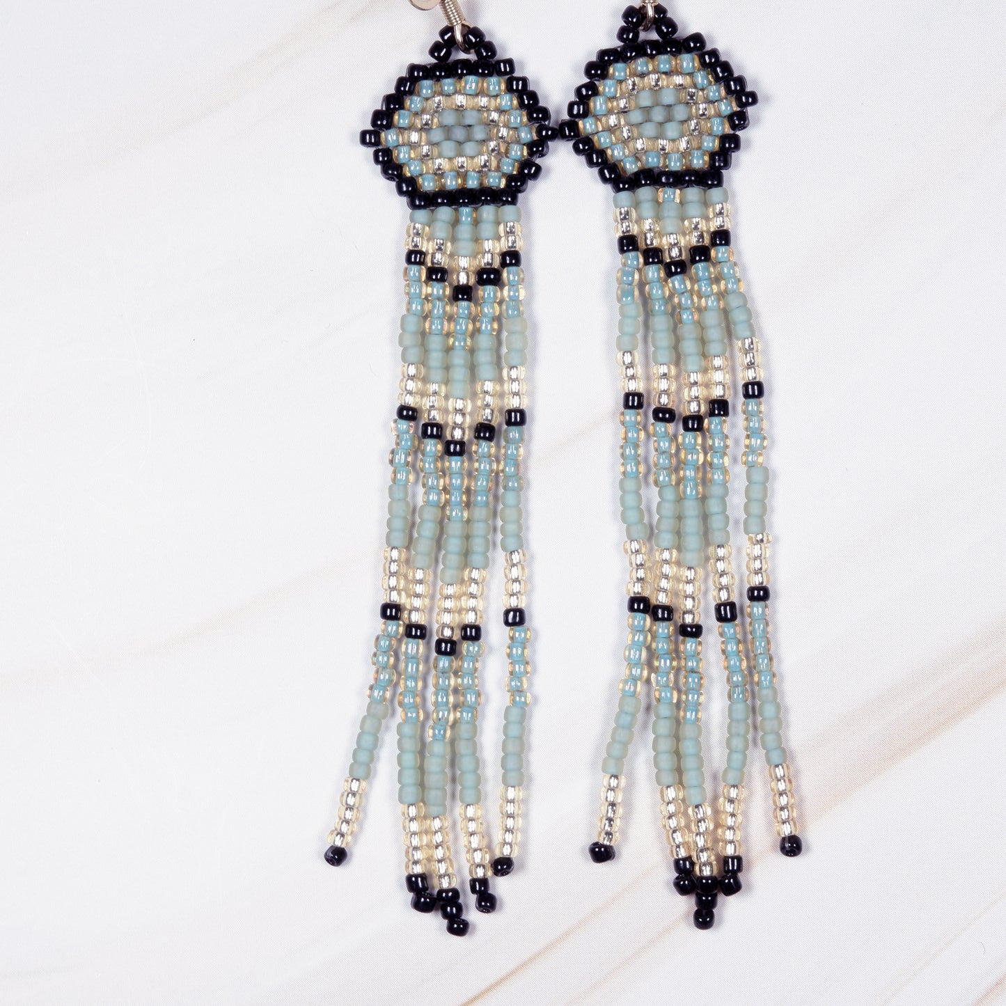 Long Green and Gold Hexagon Earrings