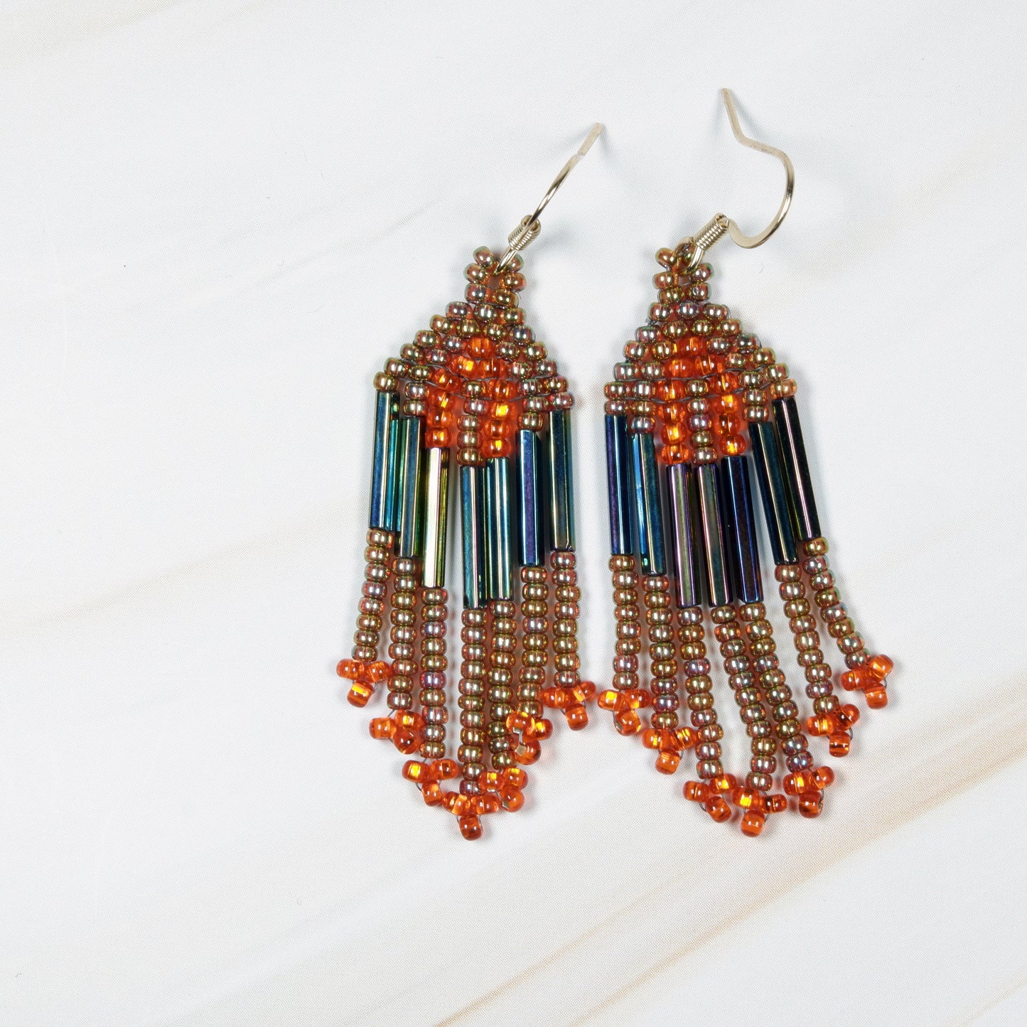 Mini Iridescent Green and Orange Fringe Earrings