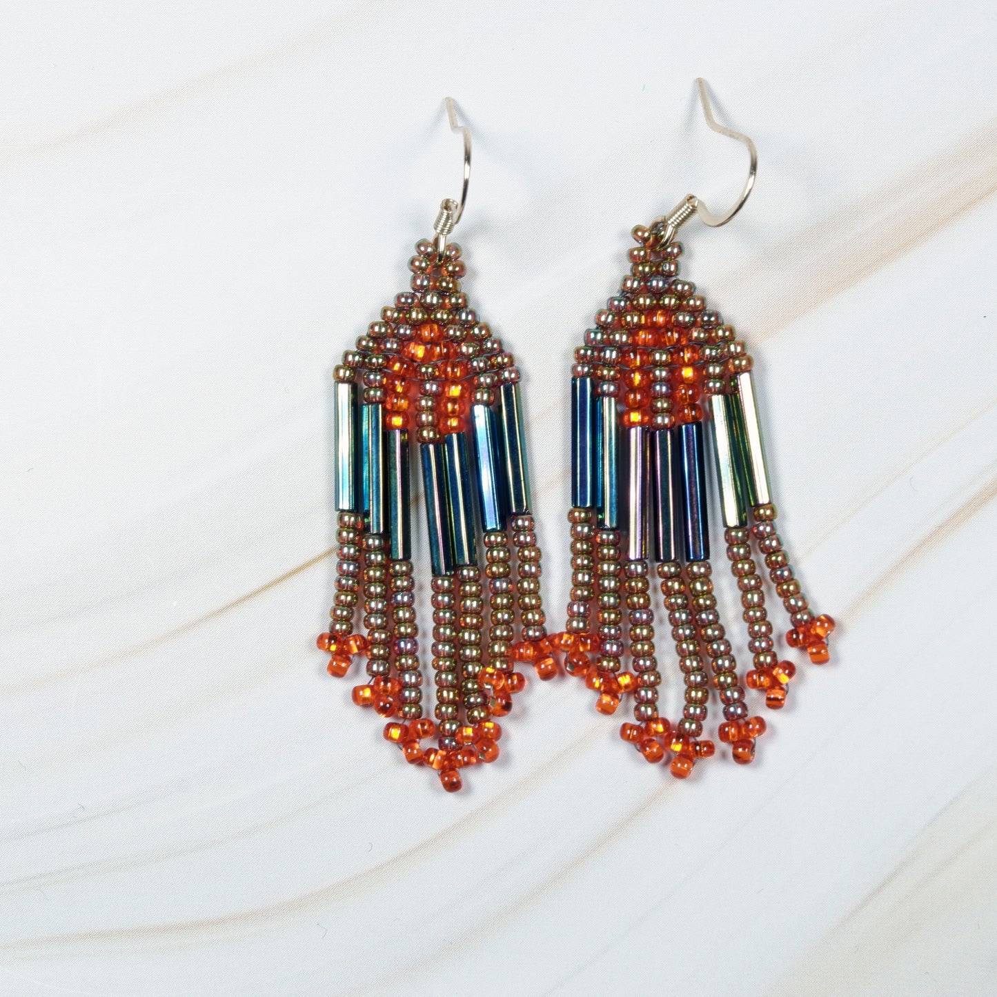 Mini Iridescent Green and Orange Fringe Earrings