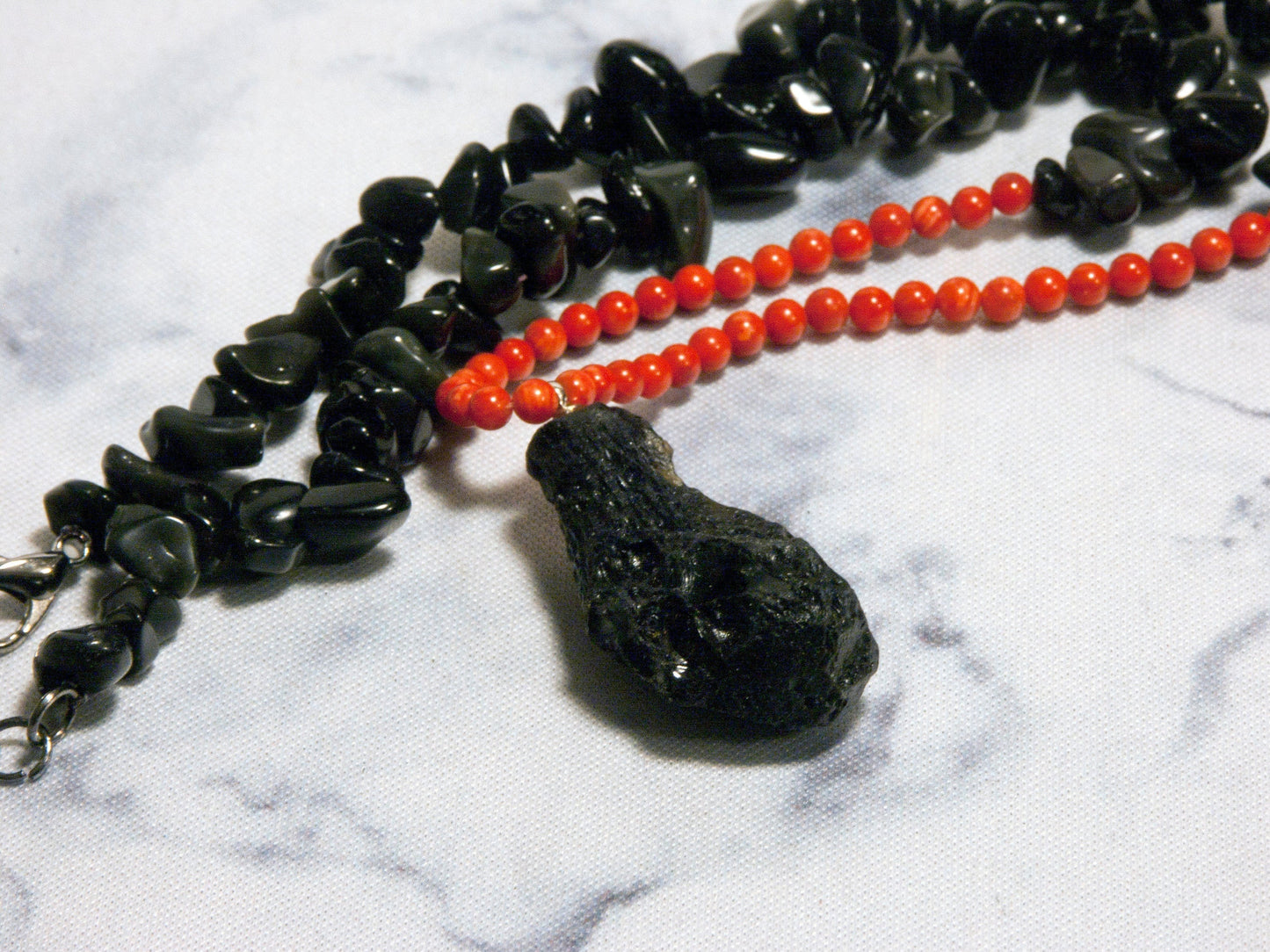 Obsidian, Coral, Tektite Necklace