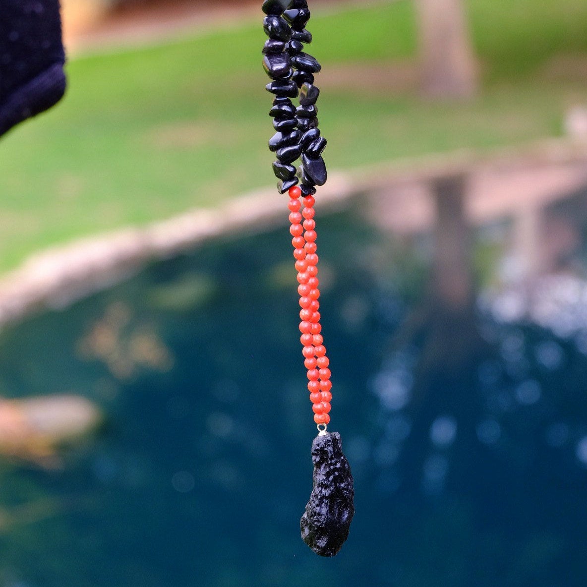 Obsidian, Coral, Tektite Necklace