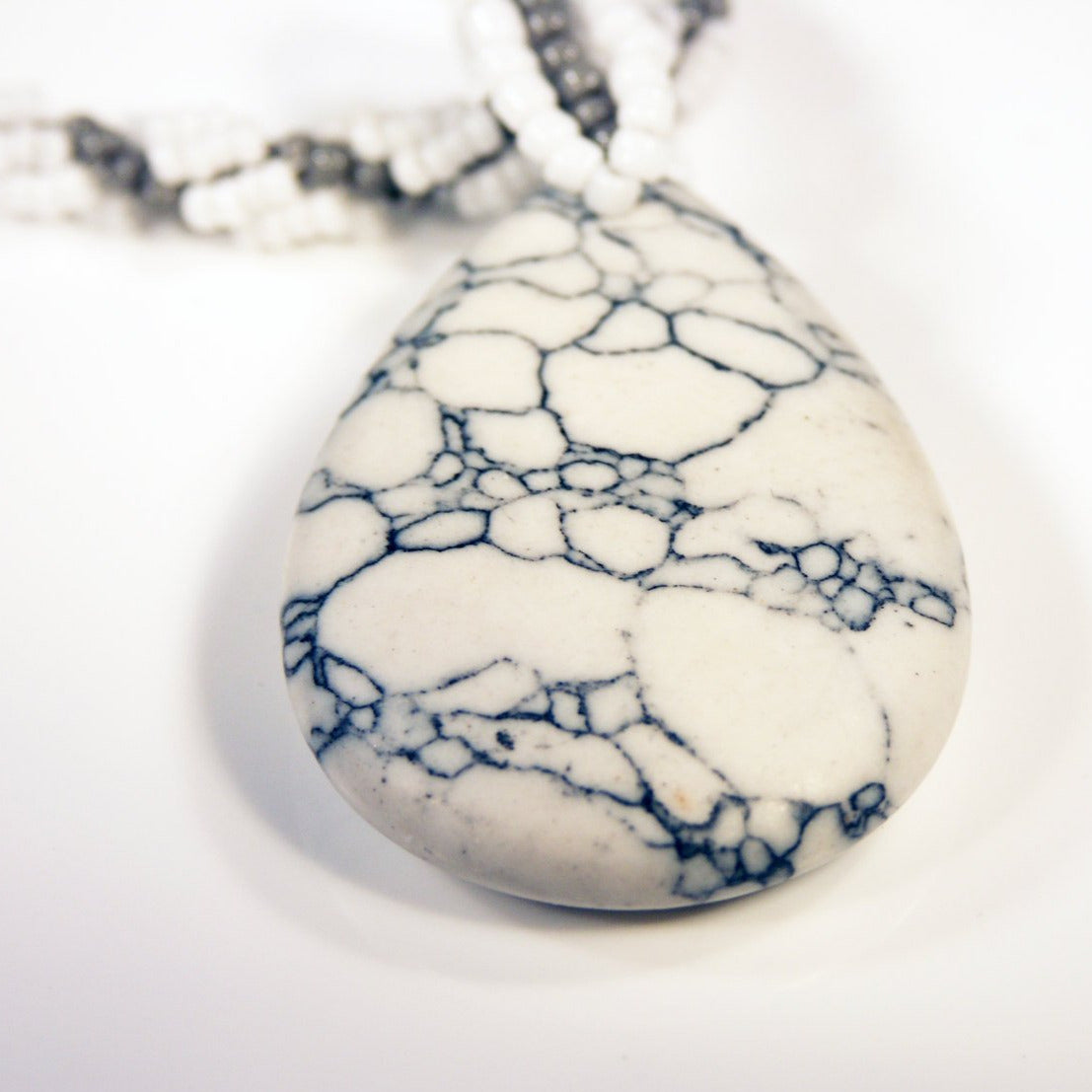 Natural Howlite Teardrop Necklace with White and Grey Beaded Spiral Rope