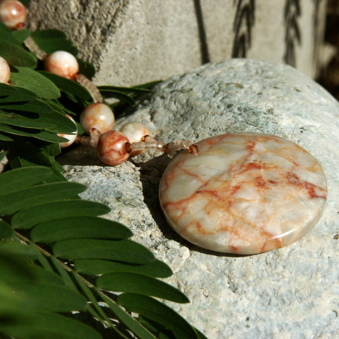 Redline Marble and Glass Bead Necklace