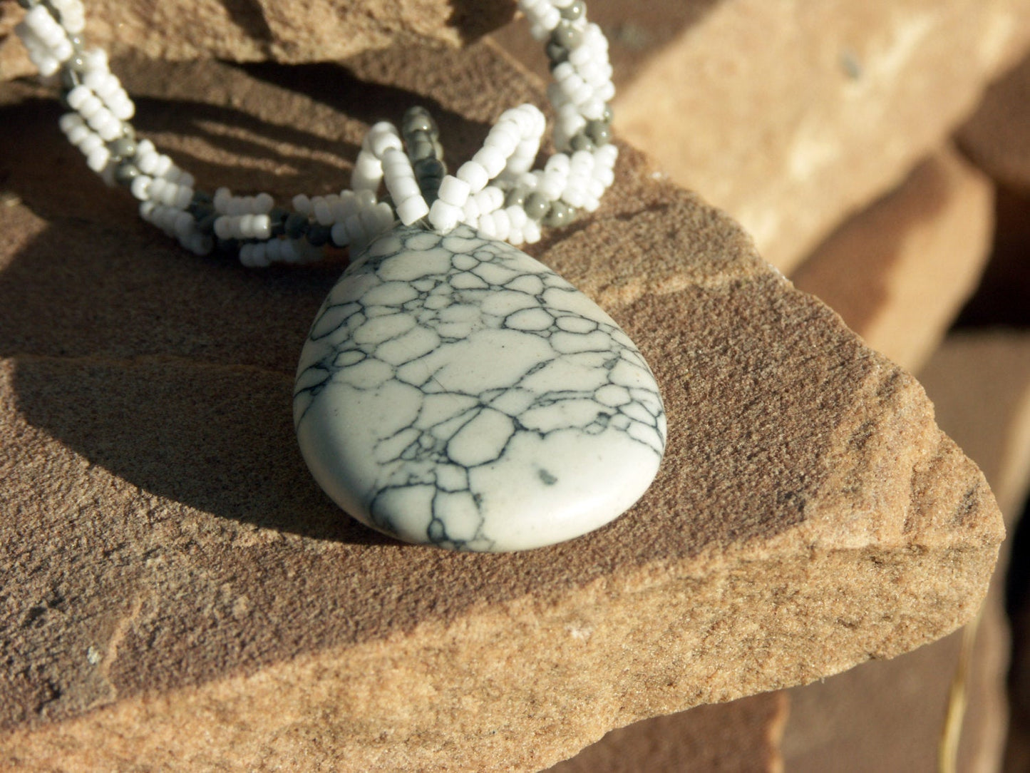 Natural Howlite Teardrop Necklace with White and Grey Beaded Spiral Rope