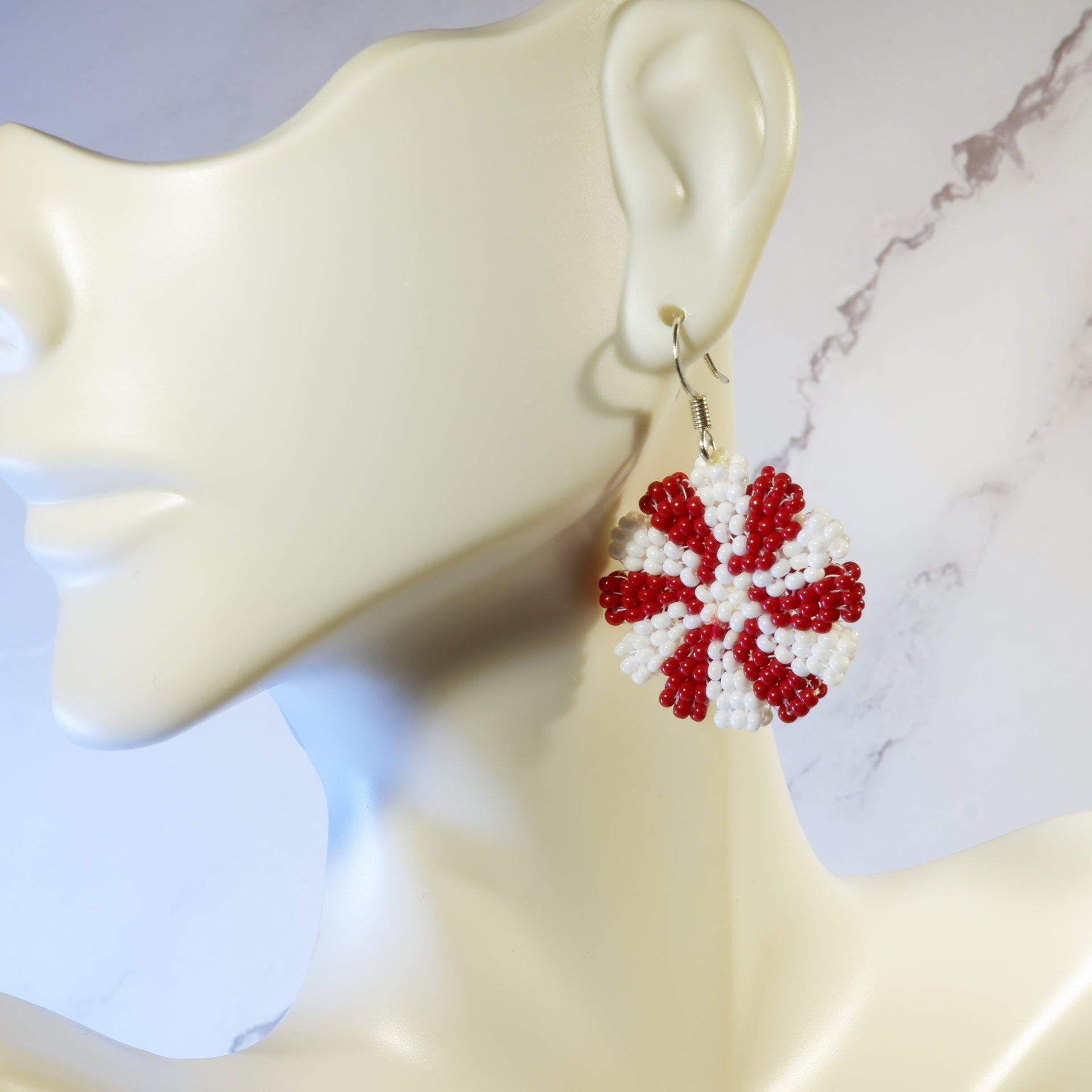 Glitter Red White Flower Paper Mache Earrings Beads Floral Handmade Vtg 80s