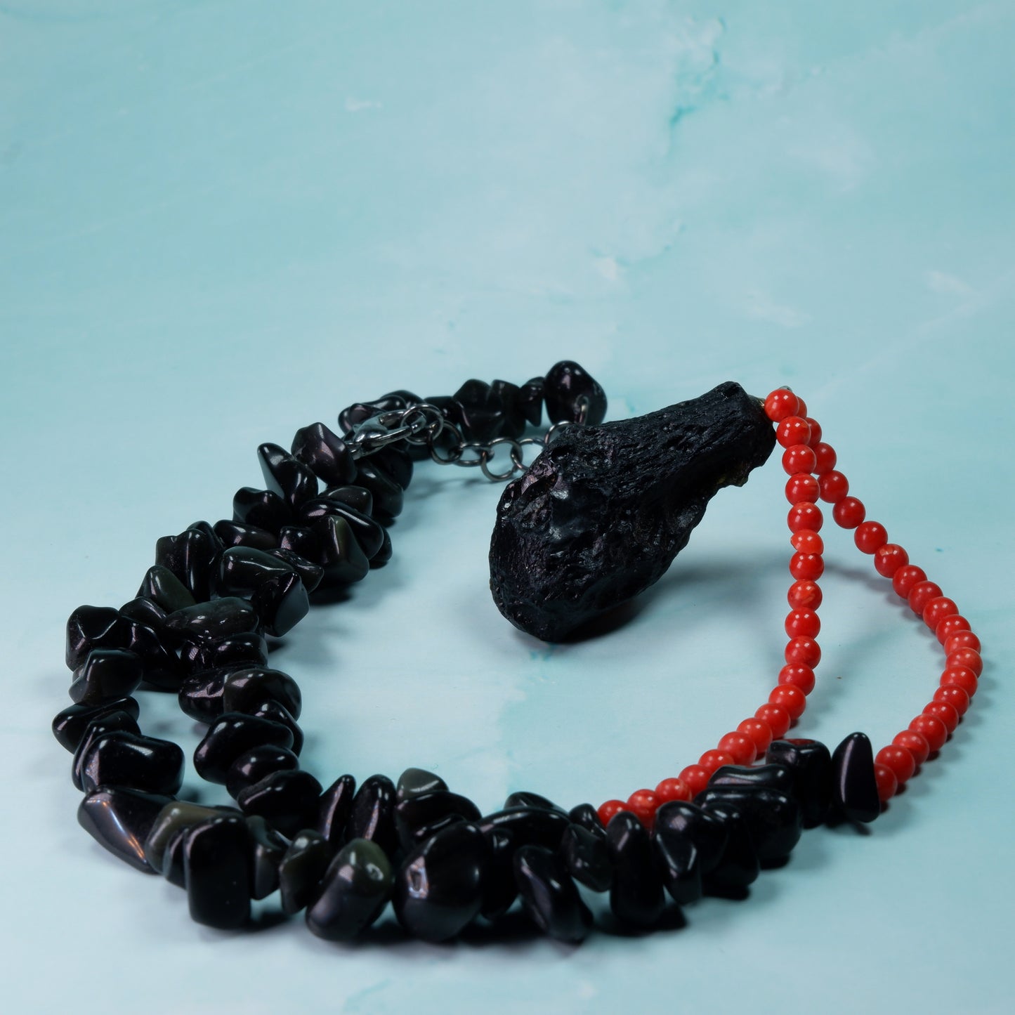 Obsidian, Coral, Tektite Necklace