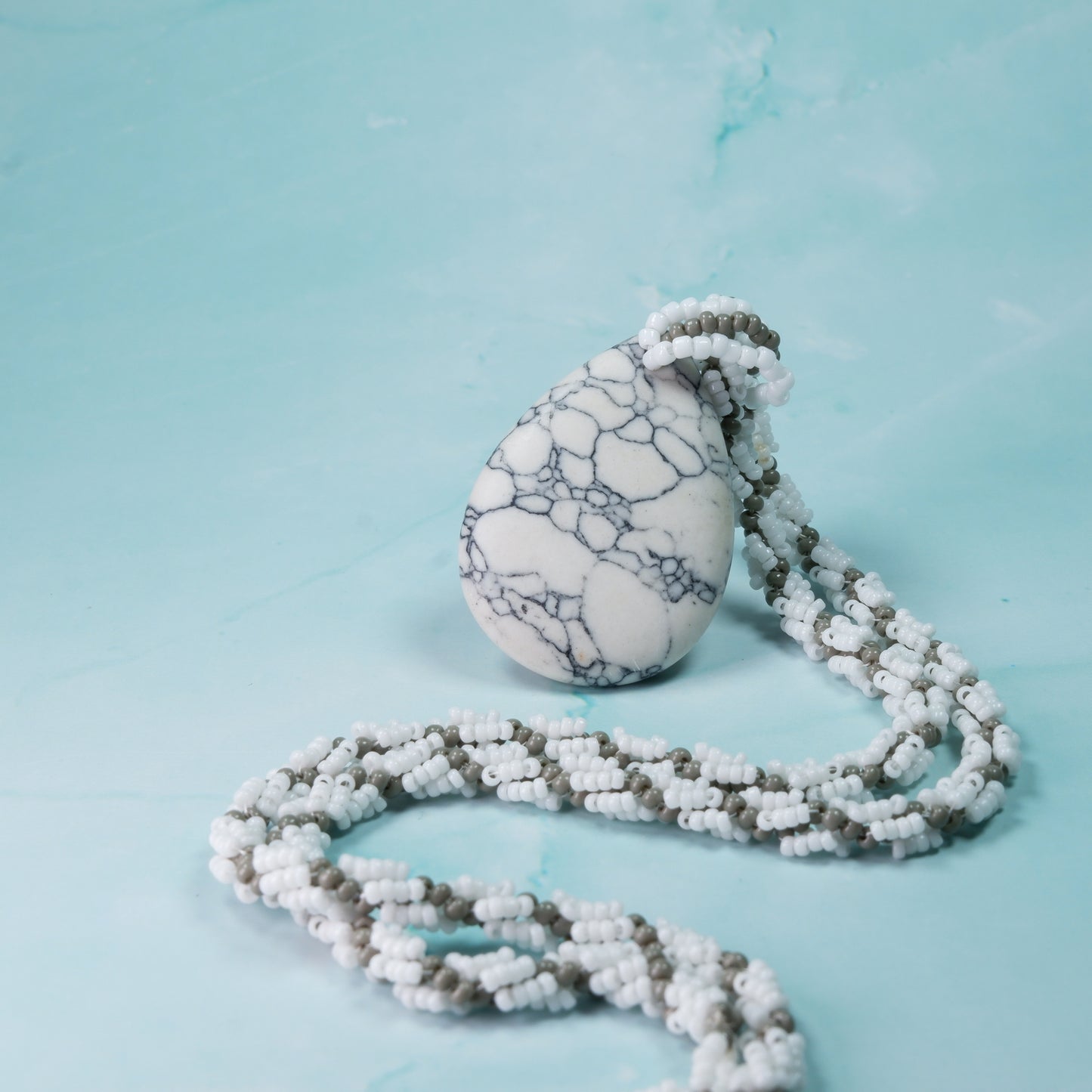 Natural Howlite Teardrop Necklace with White and Grey Beaded Spiral Rope