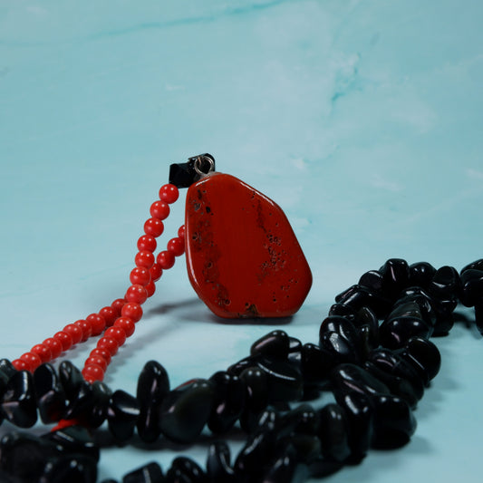Red Jasper, Coral, and Rainbow Obsidian Necklace