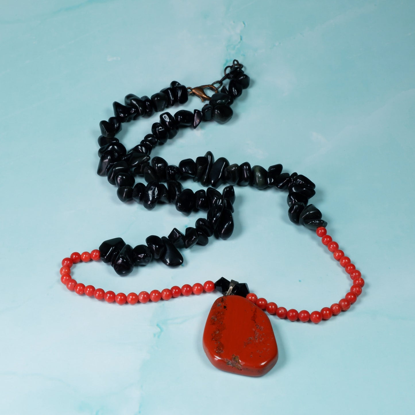 Red Jasper, Coral, and Rainbow Obsidian Necklace