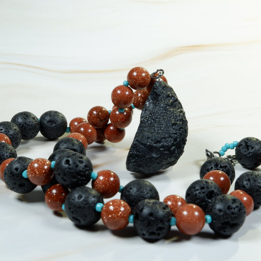 Tektite with Goldstone and Lava Rock