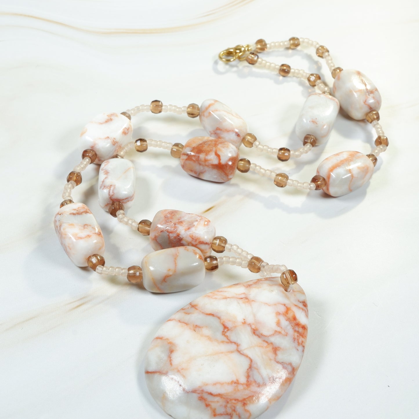 Redline Marble and Glass Bead Necklace