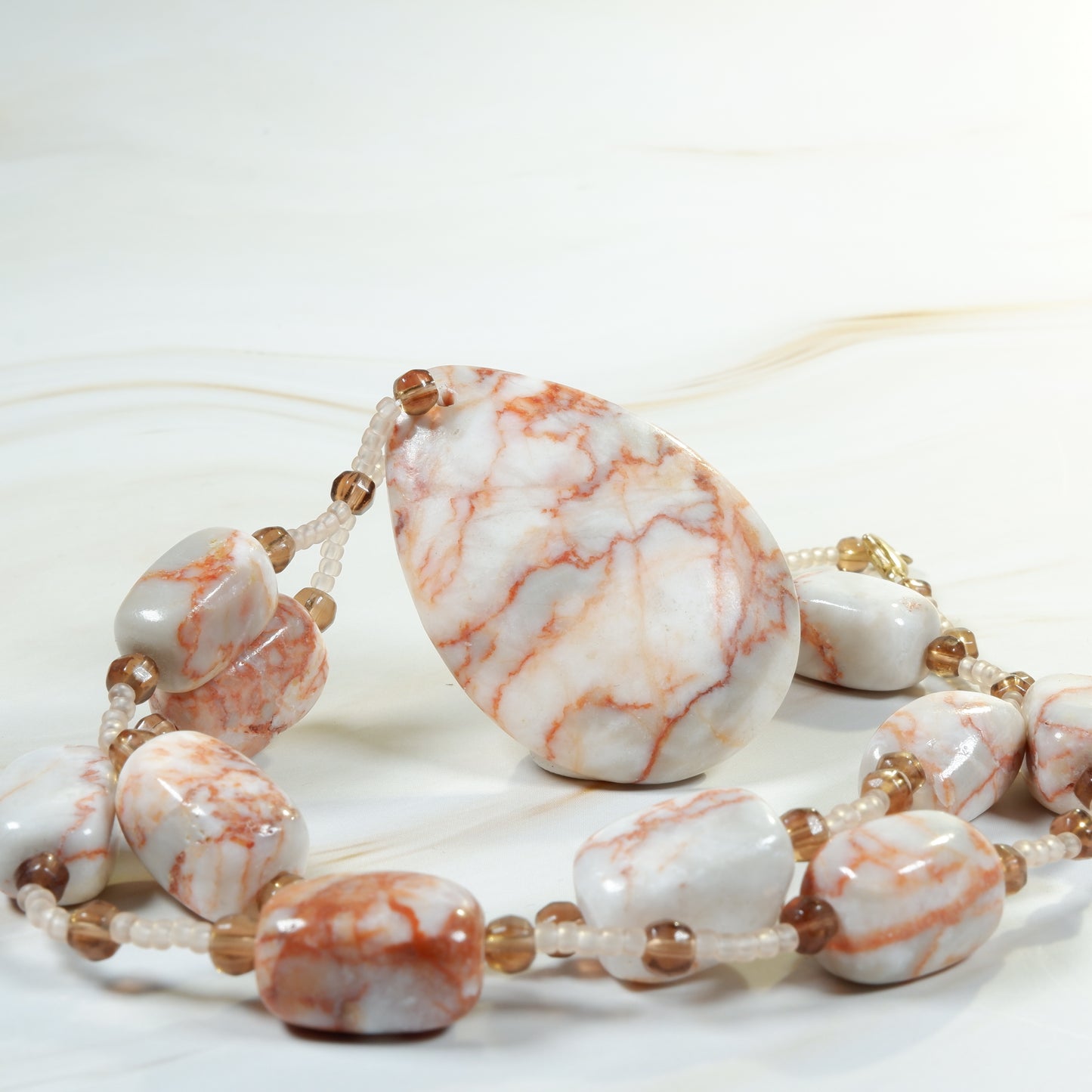 Redline Marble and Glass Bead Necklace