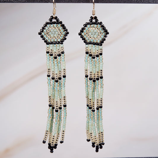 Long Green and Gold Hexagon Earrings