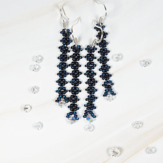 Long Blue Earrings with Crystals