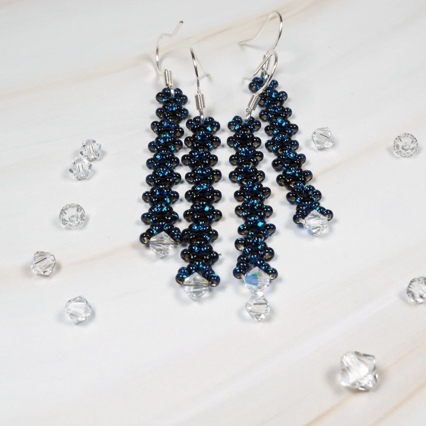 Long Blue Earrings with Crystals