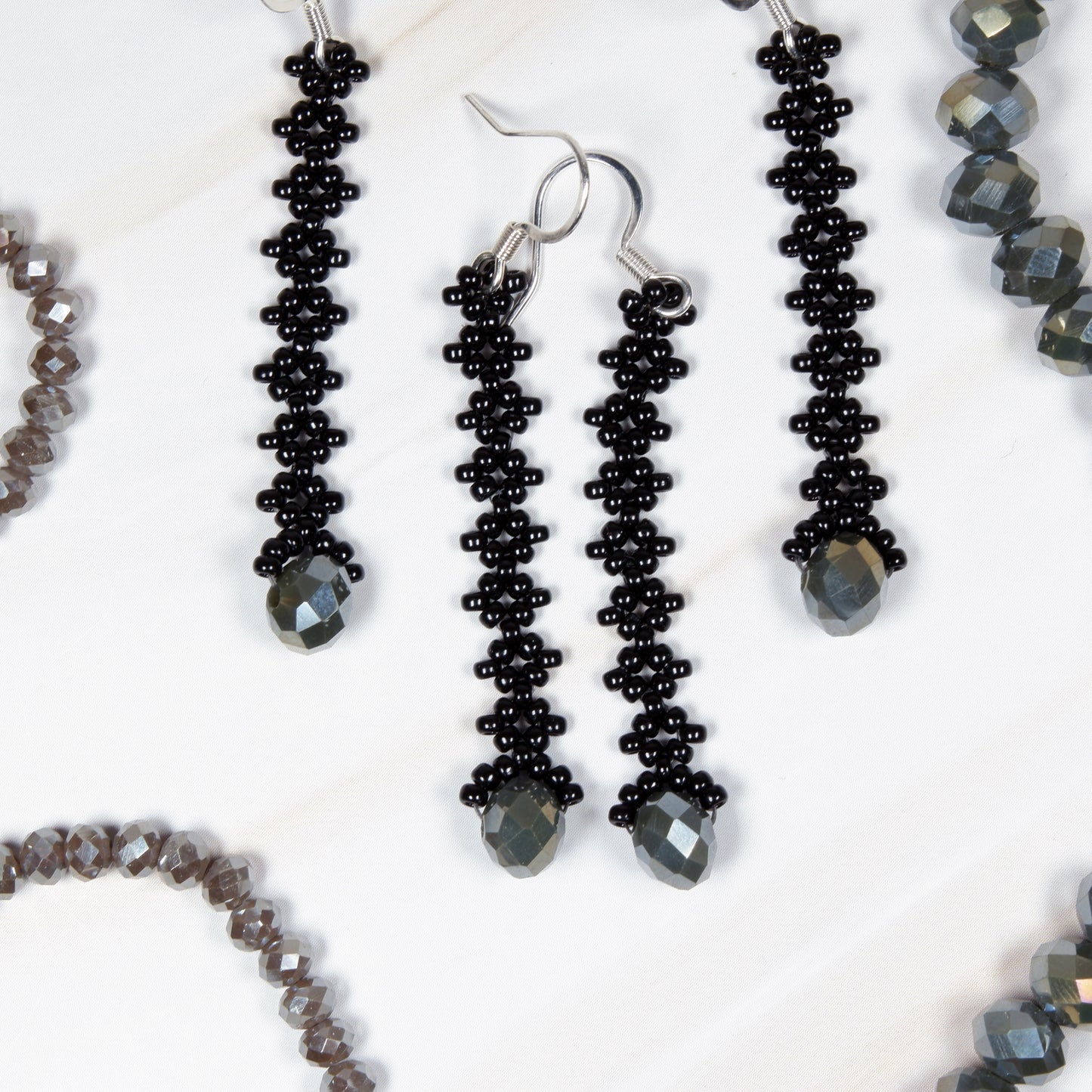 Long Black Earrings with Faceted Glass
