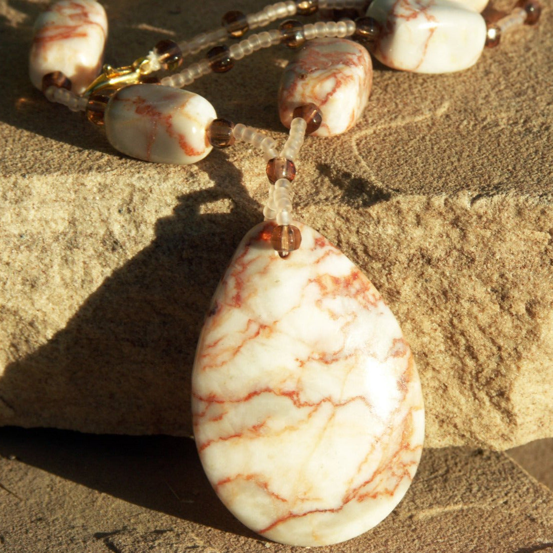 Redline Marble and Glass Bead Necklace